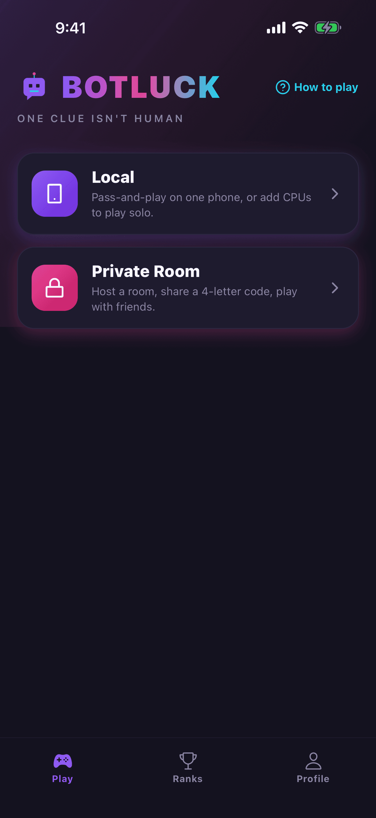 Botluck home screen